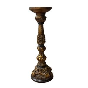 TLC Vintage Ornate Gold Bronze Baroque Resin Pillar Candle Holder 14 Inch Tall